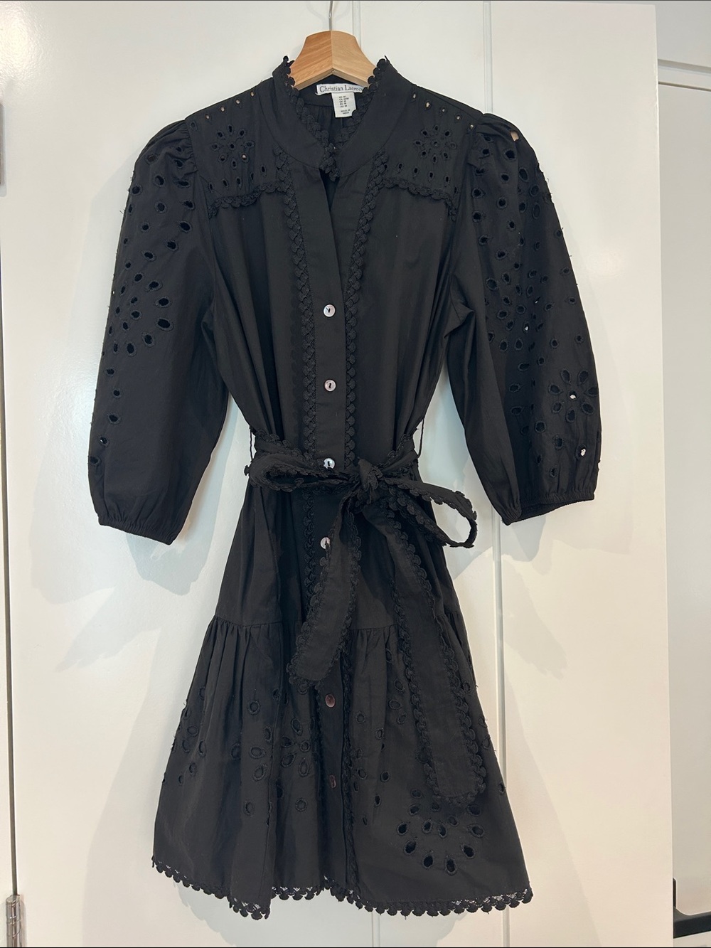 Christian Lacroix Black Eyelet Midi Dress with Tie Waist